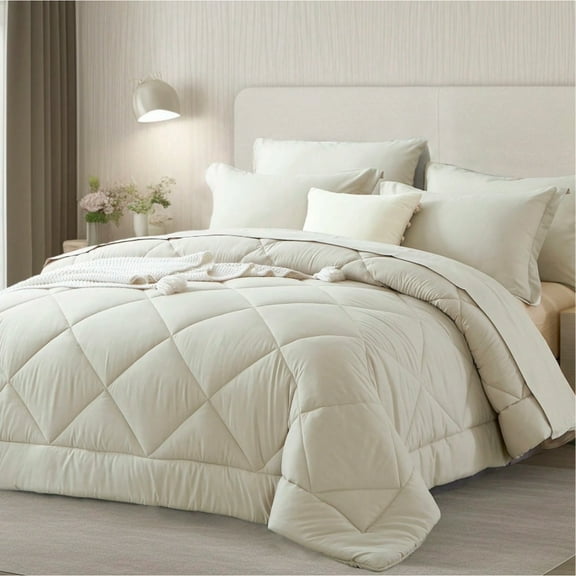 7 Piece Solid Color Bed Comforter Set Queen, Creative Geometric Pattern Design, Soft And Comfortable Summer Bedding Set.Bed In A Bag For All Seasons, Ideal Gift,Khaki