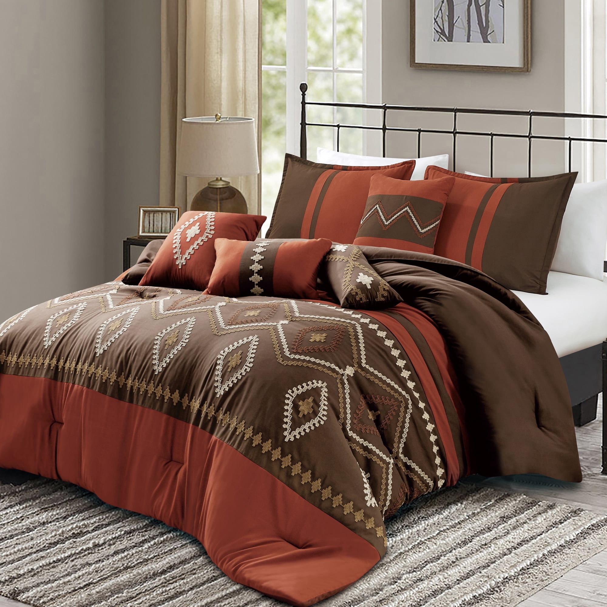 7-Piece Southwestern Comforter Set – Burnt Orange & Brown with Tribal ...