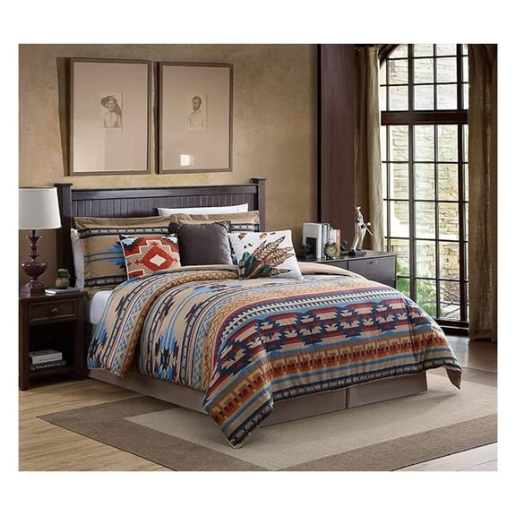 7-Piece Southwestern Geometric Tribal Comforter Set - Printed Multicolor Beige Brown Blue Red Bedding Set, Queen