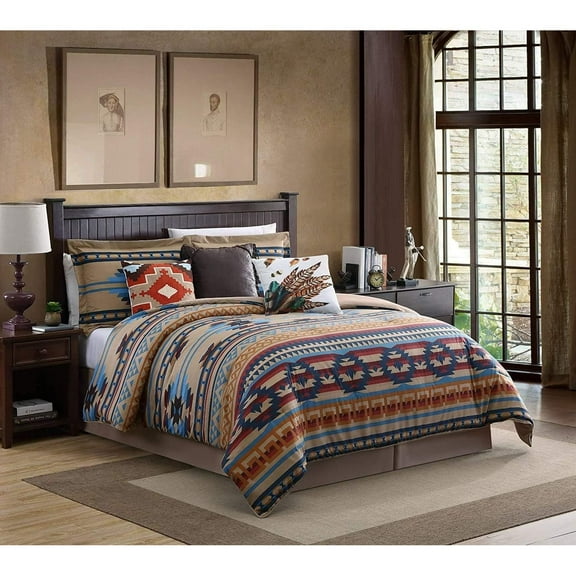 7-Piece Southwestern Geometric Tribal Comforter Set - Printed Multicolor Beige Brown Blue Red Bedding Set, Queen