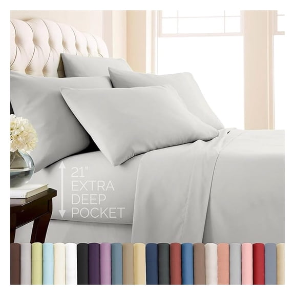 7-Piece Split King Sheet Set, 21-Inch Deep Pocket King Sheets for Adjustable Bed, Premium Bedding, Microfiber Bedding, Grey Pillow Cases Set of 4, Light Grey Sheets