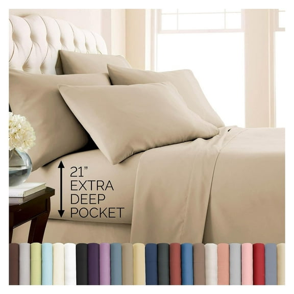 7-Piece Split King Sheets Sets for Adjustable Bed, 21-Inch Extra Deep Pocket King Sheets, Deep Pocket Fitted Sheet, Flat Sheet, Beige Pillow Cases, Tan Bedding, Soft Sand