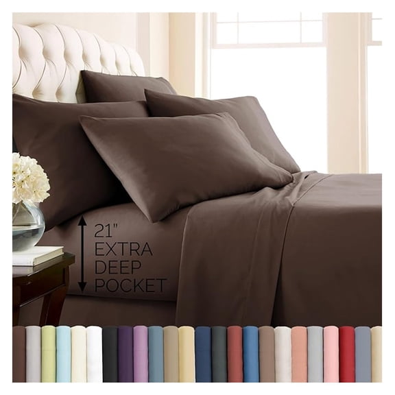 7-Piece Split King Sheets Sets for Adjustable Bed, 21-Inch Split King Size Sheets Deep Pocket Set, Fitted and Flat Sheet Set, Brown Pillow Cases, Chocolate Brown Bedding