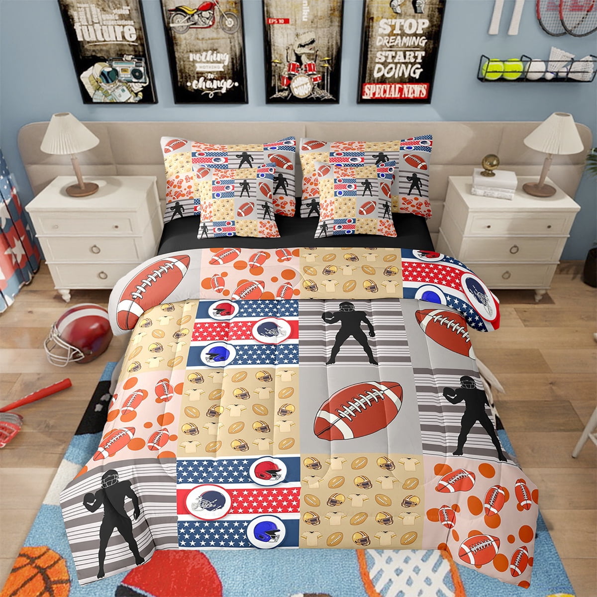 Feelyou Rugby Bedding Set Queen Size - 3 Piece Sports Comforter Set For Boys With 2 Pillowcases