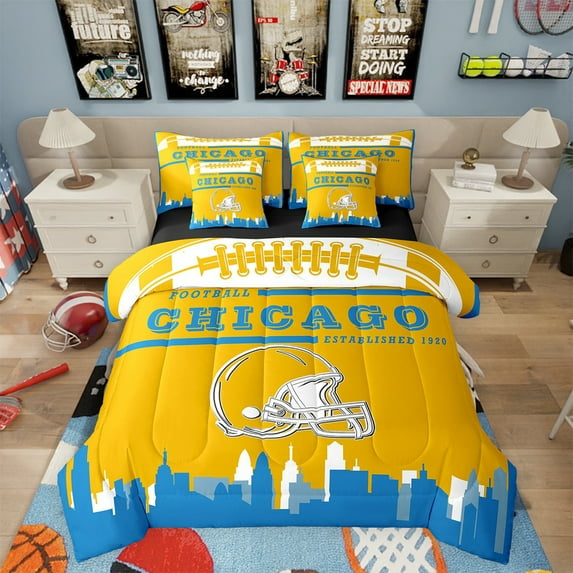 7 Piece Sports Bedding Sets,American Football Fans Bed in a Bag Full Size Rugby Player Comforter Set with Sheets Football Lovers Bed Set Yellow Blue Sheets (Chicago)