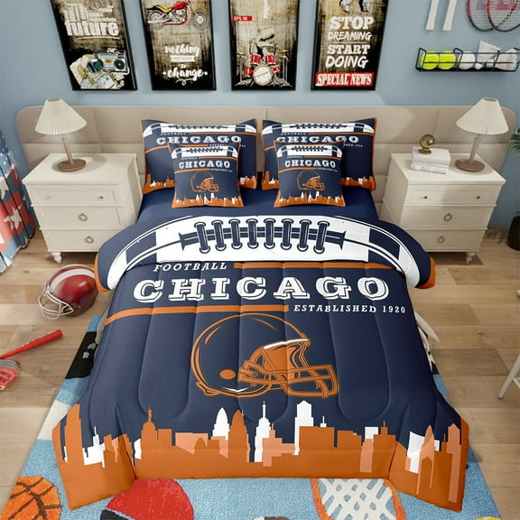 7 Piece Sports Bedding Sets,American Football Fans Bed in a Bag Twin Size Rugby Player Comforter Set with Sheets Football Lovers Bed Set Orange Navy Blue Sheets (Chicago)