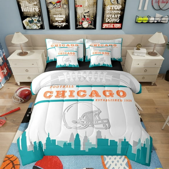 7 Piece Sports Bedding Sets,American Football Fans Bed in a Bag Twin Size Rugby Player Comforter Set with Sheets Football Lovers Bed Set Teal Gray Sheets (Chicago)