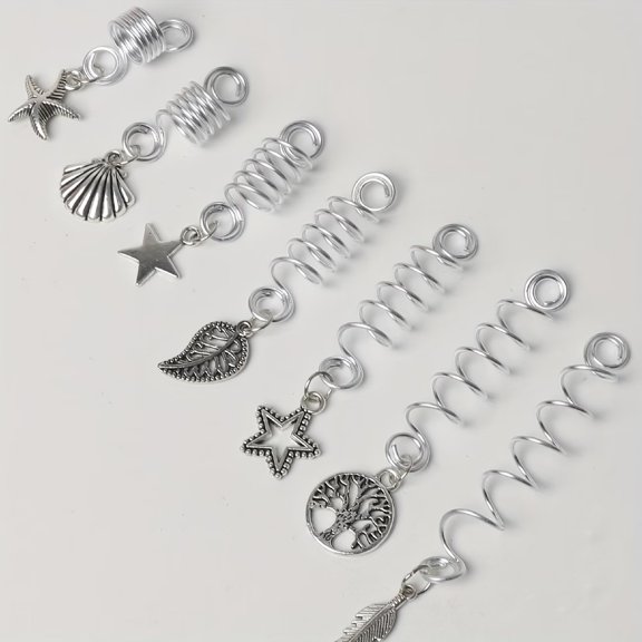 7-Piece Spring Mixed Pattern Dreadlock Hair Rings for Women Men - Unique Dreadlock Accessories for Long Hair Braids Locs