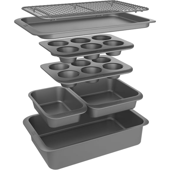 7-Piece Stackable Bakeware Set  Nonstick Carbon Steel Roaster, Muffin Pans, Loaf Pan, Square Cake Pan, Baking Sheet & Cooling Rack  Oven Safe, Dishwasher Safe, Space-Saving Design