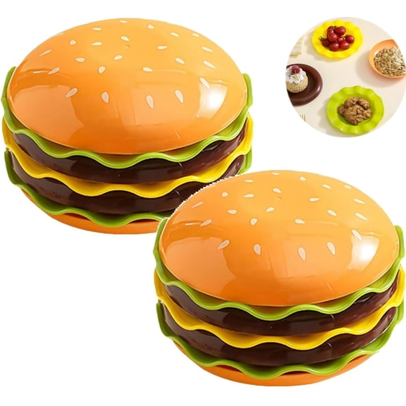 7-Piece Stackable Burger Plate Set, Novelty Stackable Burger Dinnerware Set, Hamburger Shape Individua Small Appetizer Plates for for Hot Pot Sushi Snacks Party Tableware (2Pcs_Burger)