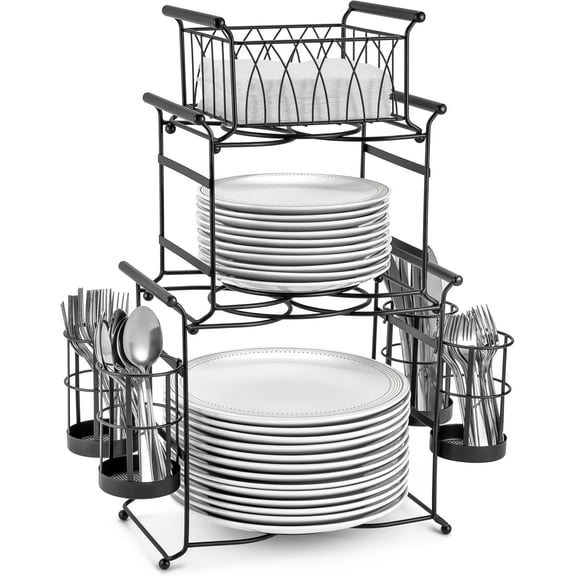 7-Piece Stackable Set Includes Plate, Napkin, and Silverware Holder, 3-Tier Detachable Tabletop Organizer Ideal for Kitchen, Dining, Entertaining, Parties,Thanksgiving (Black)