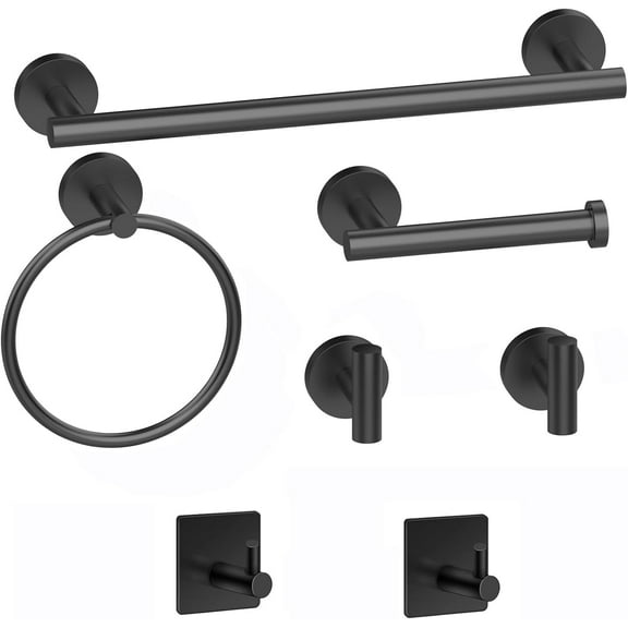 stusgo 7-Piece, Stainless Steel Bathroom Hardware Set Mattle Black Wall Mounted Bathroom Accessories Set- 16''Towel Bar, Toilet Paper Holders, Towel Ring,Robe Hooks,Adhesive Wall Hooks