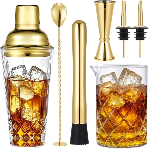 7 Piece Stainless Steel Cocktail Shaker Set with 14oz Shaker, 24oz Mixing Glass, Jigger, Bar Spoon and Pour Spout, Bartender Kit for Home Bar