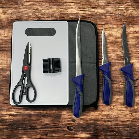 7-Piece Stainless Steel Fish Fillet Knife Set  Includes Scissors, Cutting Board, Towel, Knife Sharpener, and Carry Bag  Perfect for Outdoor Fishing  Great Halloween & Christmas Gift for Dad