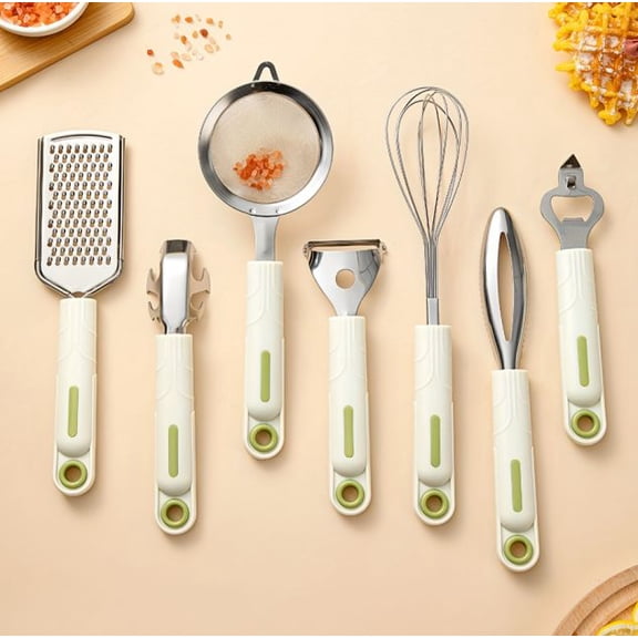 7-Piece Stainless Steel Kitchen Cooking Utensils Set with Plastic Handles and Storage Holder, Kitchen Gadgets Tool Set