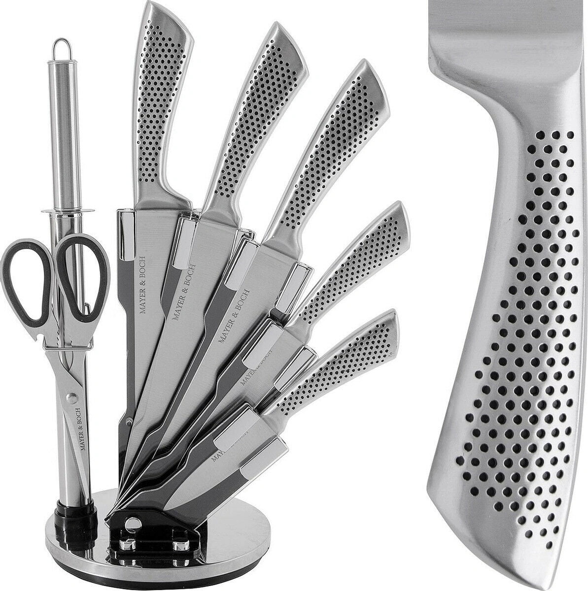 Mayer & Boch Stainless Steel Knife Set with Rotating Stand, 7 Piece