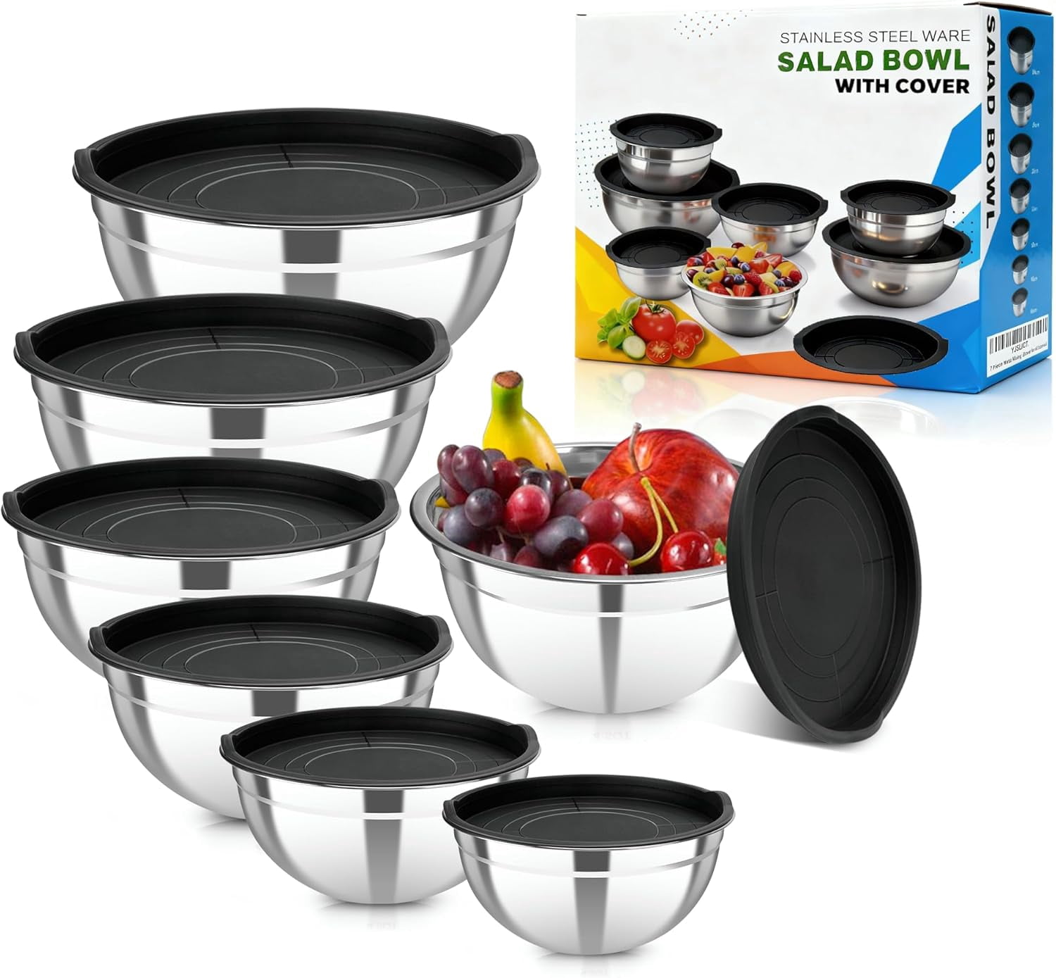 7 Piece Stainless Steel Mixing Bowls with Lids Set, Metal Mixing Bowls ...