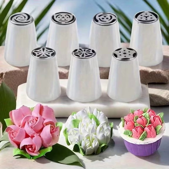7-Piece Stainless Steel Piping Tip Set for Cake, Cupcake, and Cookie Decorating - Professional Quality Baking Tools