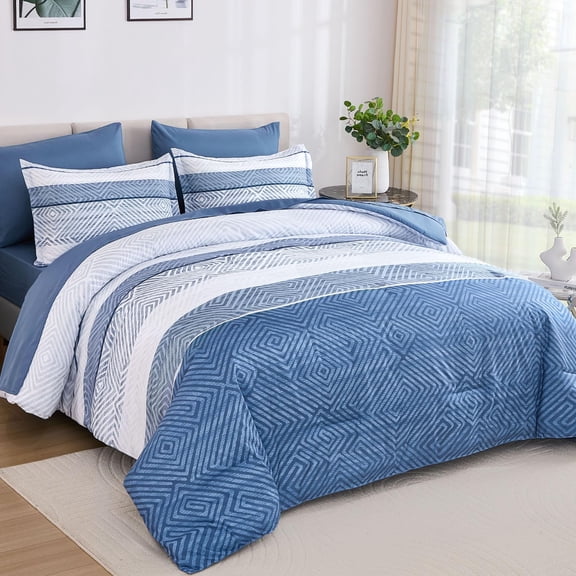 7 Piece Striped Light Blue Queen Bed-in-a-Bag Microfiber Bedding Set
