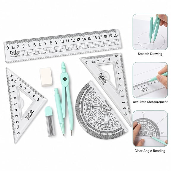 7 Piece Student Drawing Geometry Set, Boxed Compass, Ruler, Triangle Ruler, Protractor, 20cm Math Tools for Students