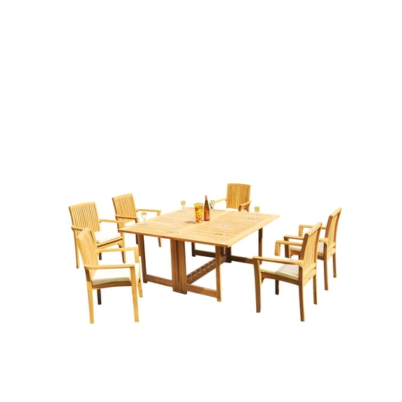 7-Piece Teak Dining Set: 60" Butterfly Folding Table + 6 Lua Stacking Arm Chairs