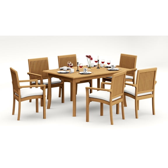 7-Piece Teak Dining Set: 60" Rectangle Table + 6 Lua Stacking Arm Chairs