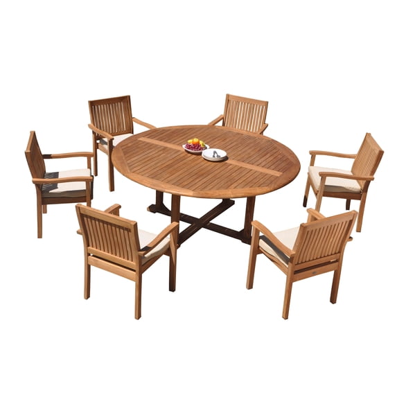 7-Piece Teak Dining Set: 72" Round Table + 6 Wave Stacking Arm Chairs
