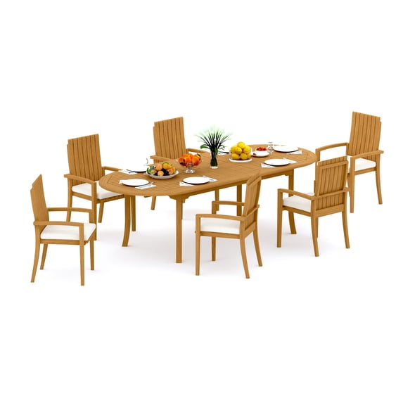 7-Piece Teak Dining Set: 94" Oval Extendable Table + 6 Goa Stacking Arm Chairs