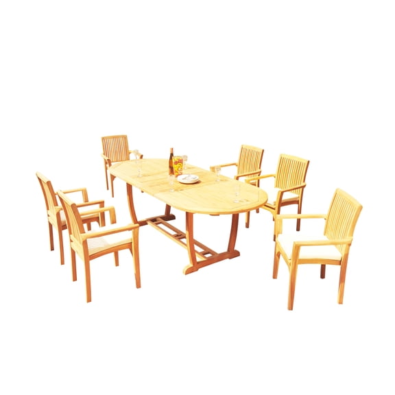 7-Piece Teak Dining Set: 94" Oval Extendable Table + 6 Lua Stacking Arm Chairs