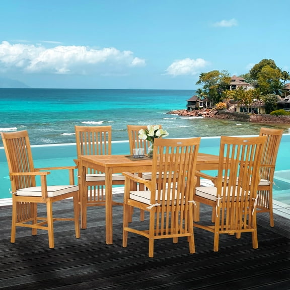 7 Piece Teak Wood Balero 55" Outdoor Patio Bistro Dining Set with 6 Arm Chairs