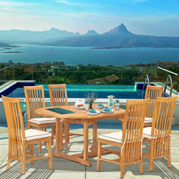 7 Piece Teak Wood Balero Round to Oval Outdoor Patio Dining Set with 6 Side Chairs