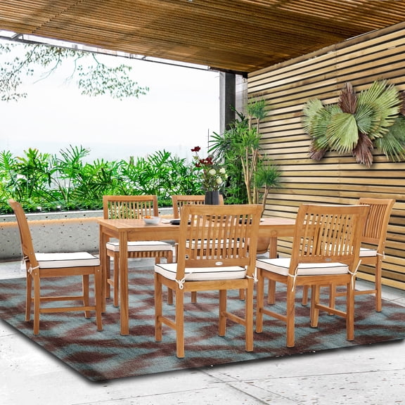 7 Piece Teak Wood Bermuda 63" Rectangular Outdoor Patio Bistro Dining Set including 6 Side Chairs