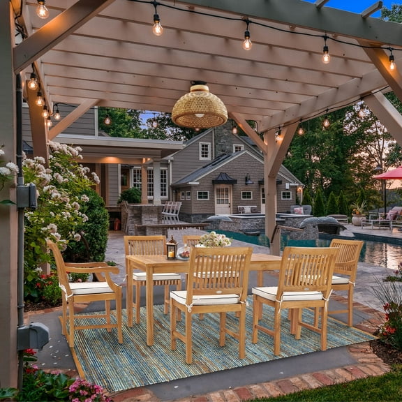 7 Piece Teak Wood Bermuda 63" Rectangular Outdoor Patio Bistro Dining Set including 2 Arm Chairs & 4 Side Chairs