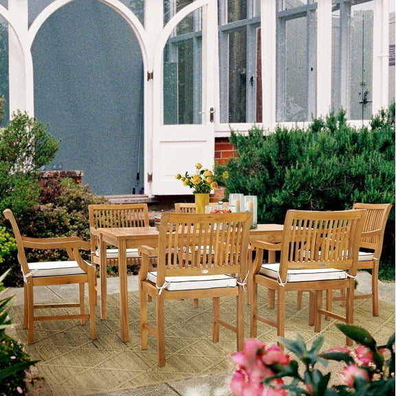 7 Piece Teak Wood Bermuda 63" Rectangular Outdoor Patio Bistro Dining Set including 6 Arm Chairs