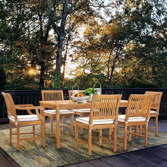 7 Piece Teak Wood Bermuda 71" Rectangular Outdoor Patio Bistro Dining Set including 2 Arm Chairs & 4 Side Chairs