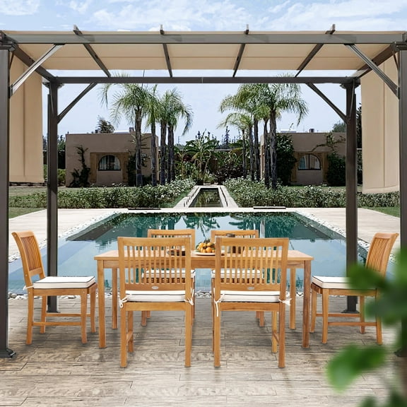 7 Piece Teak Wood Bermuda 71" Rectangular Outdoor Patio Bistro Dining Set including 6 Side Chairs