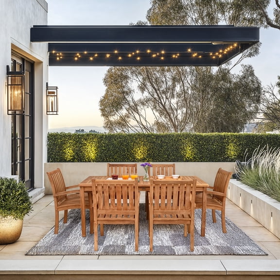 7 Piece Teak Wood Bistro Outdoor Patio Dining Set including 71" Rectangular Table with 6 Abacho Arm Chairs