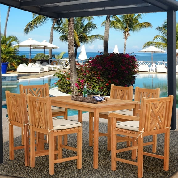 7 Piece Teak Wood Chippendale 55" Rectangular Bistro Outdoor Patio Counter Dining Set including 2 Arm & 4 Side Counter Stools