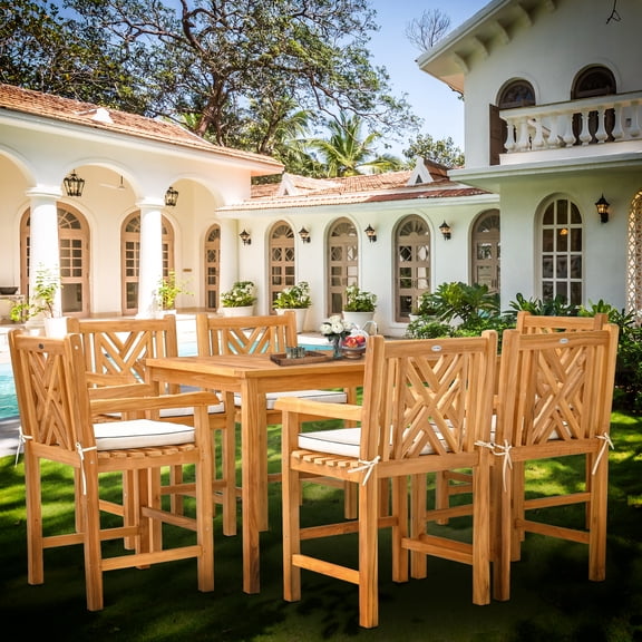 7 Piece Teak Wood Chippendale 55" Rectangular Bistro Outdoor Patio Counter Dining Set including 6 Counter Stools with Arms
