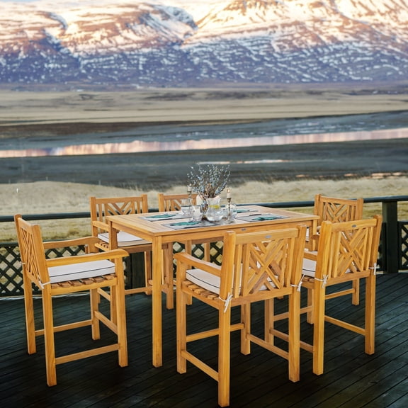 7 Piece Teak Wood Chippendale 63" Rectangular Outdoor Patio Bistro Bar Set including 6 Bar Chairs with Arms
