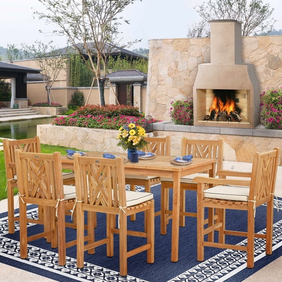 7 Piece Teak Wood Chippendale 63" Rectangular Bistro Outdoor Patio Counter Dining Set including 2 Arm & 4 Side Counter Stools