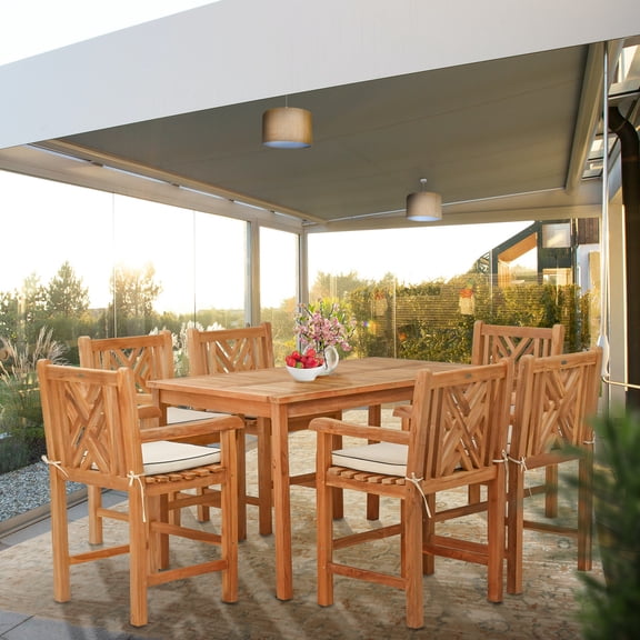 7 Piece Teak Wood Chippendale 63" Rectangular Bistro Outdoor Patio Counter Dining Set including 6 Counter Stools with Arms