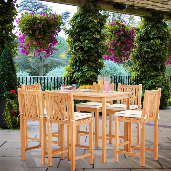 7 Piece Teak Wood Chippendale 63" Rectangular Outdoor Patio Bistro Bar Set including 6 Bar Chairs