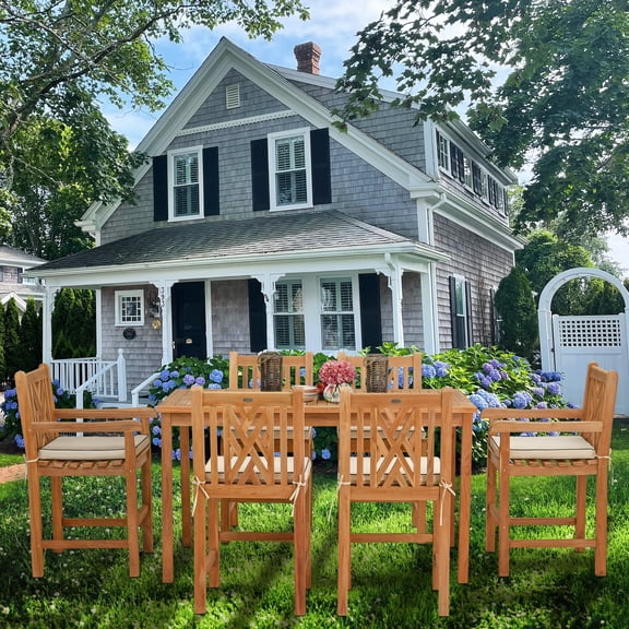 7 Piece Teak Wood Chippendale 71" Rectangular Bistro Outdoor Patio Counter Dining Set including 2 Arm & 4 Side Counter Stools