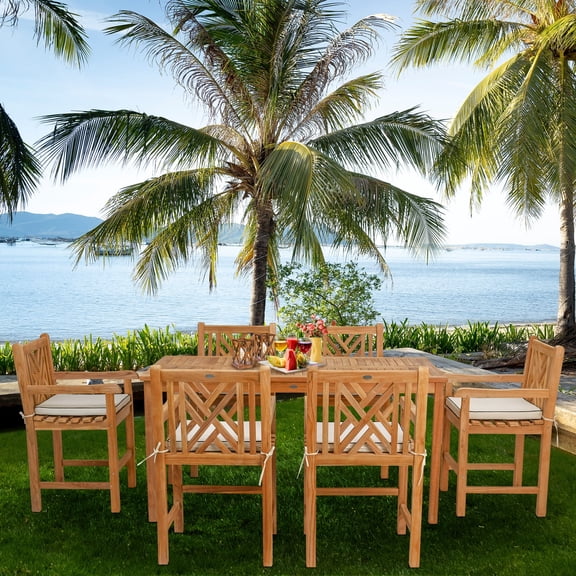 7 Piece Teak Wood Chippendale 71" Rectangular Bistro Outdoor Patio Counter Dining Set including 6 Counter Stools with Arms