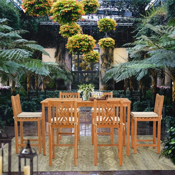 7 Piece Teak Wood Chippendale 71" Rectangular Outdoor Patio Bistro Bar Set including 6 Bar Chairs