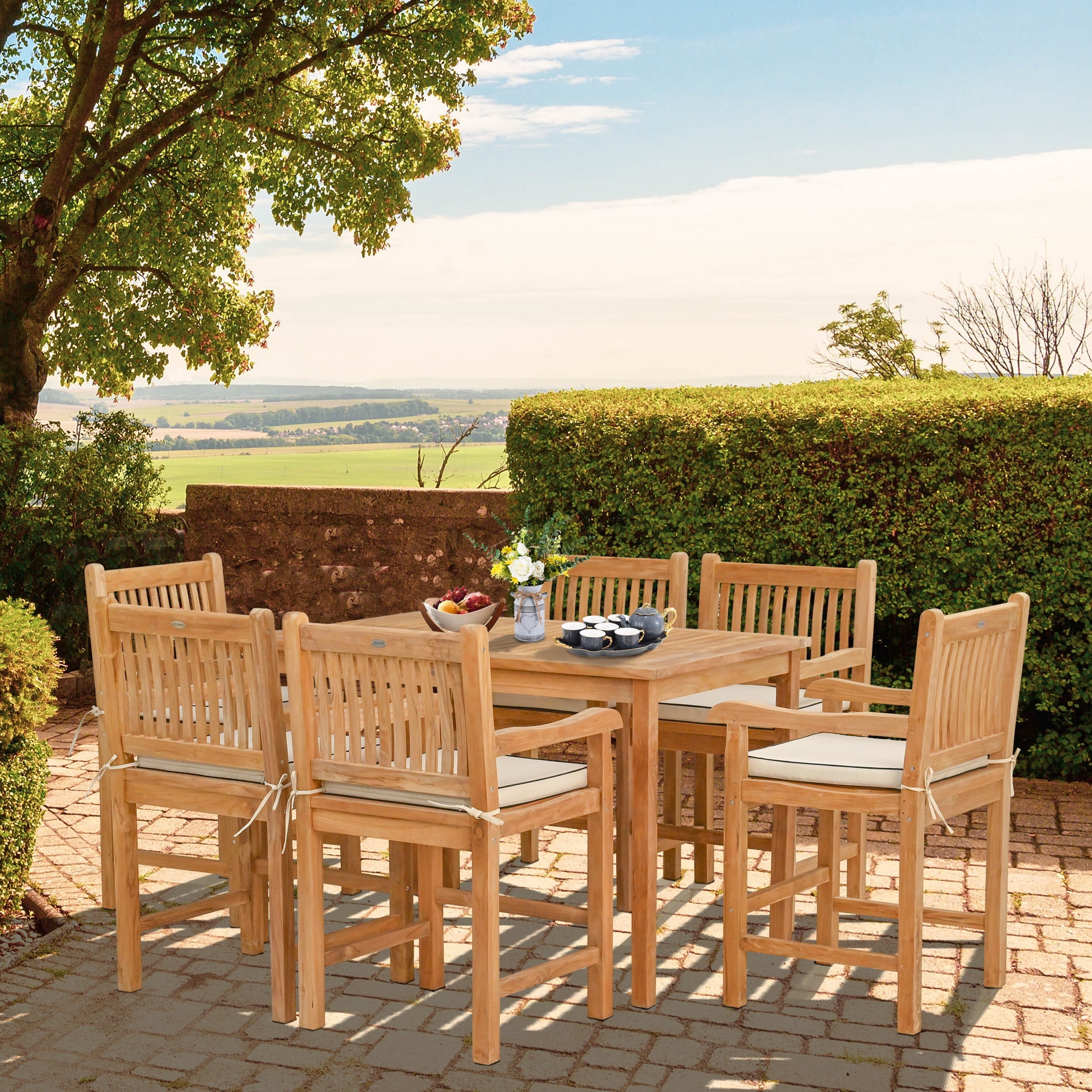 Brown Teak Rectangular Outdoor Dining Set with Cushions