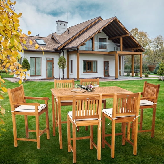 7 Piece Teak Wood Elzas 63" Rectangular Outdoor Patio Bistro Bar Set including 2 Arm & 4 Side Bar Chairs