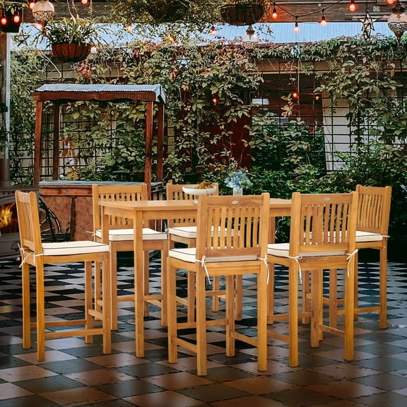 7 Piece Teak Wood Elzas 63" Rectangular Outdoor Patio Bistro Bar Set including 6 Bar Chairs