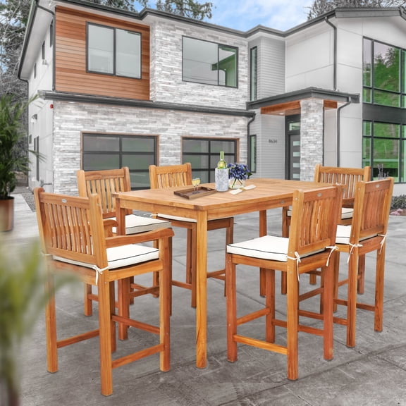 7 Piece Teak Wood Elzas 71" Rectangular Outdoor Patio Bistro Bar Set including 2 Arm & 4 Side Bar Chairs